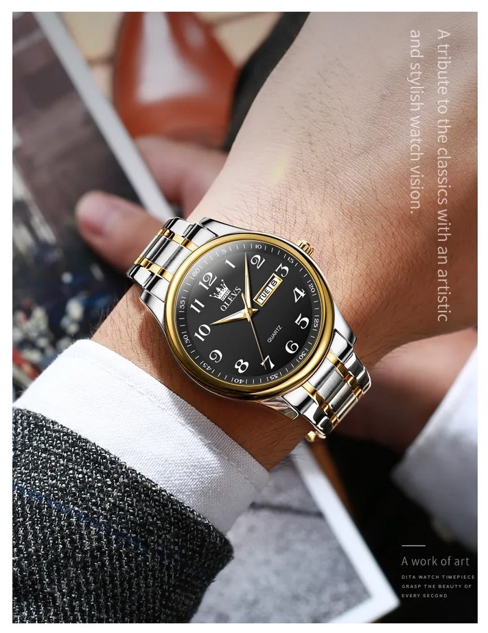 Picture of Olevs 5567G Silver & Golden Two Tone Stainless Steel Analog Wrist Watch For Men - Black Silver & Golden