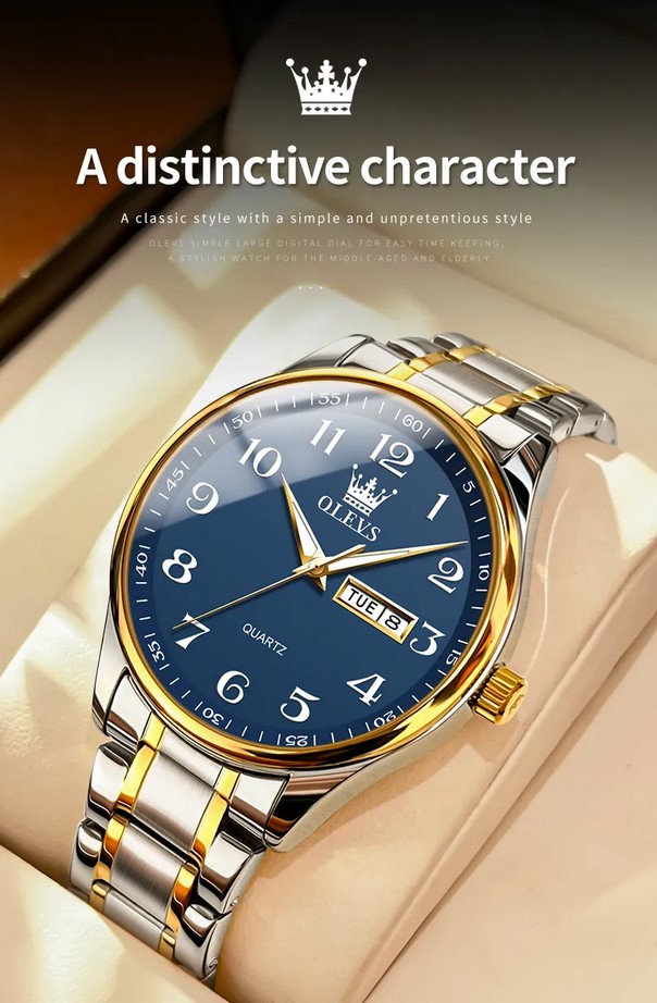 Picture of Olevs 5567S Silver & Golden Stainless Steel Analog Wrist Watch For Men - RoyalBlue Silver & Golden