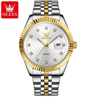 Picture of Olevs 5520S Silver & Golden Stainless Steel Analog Wrist Watch For Men - White Silver & Golden