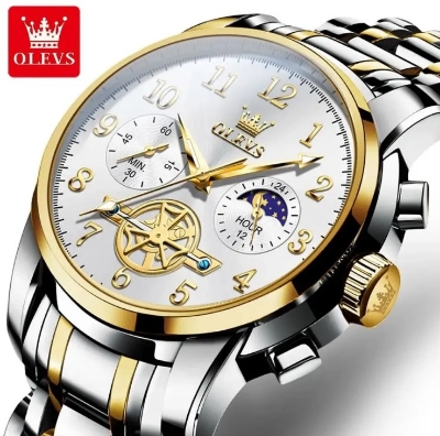 Picture of Olevs 2903S Silver & Golden Stainless Steel Chronograph Wrist Watch For Men - White Silver & Golden