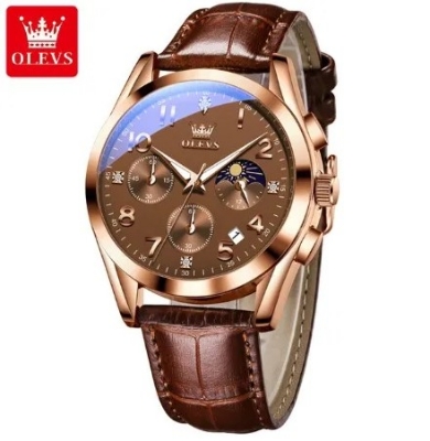 Picture of Olevs 2890L Brown PU Leather Chronograph Wrist Watch For Men - Bronze & RoseGold