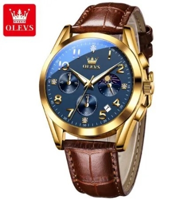 Picture of Olevs 2890L Brown PU Leather Chronograph Wrist Watch For Men - RoyalBlue & Golden