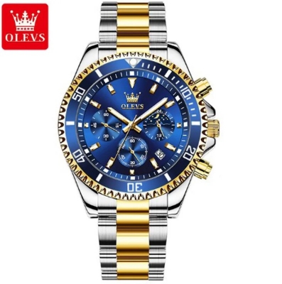 Picture of Olevs 2870S Golden & Silver Stainless Steel Chronograph Wrist Watch For Men - RoyalBlue Silver & Golden