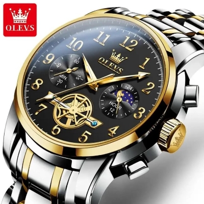 Picture of Olevs 2903S Silver & Golden Stainless Steel Chronograph Wrist Watch For Men - Black Silver & Golden