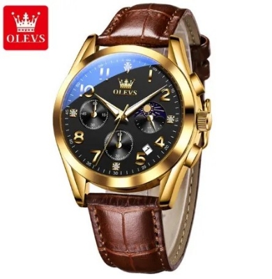 Picture of Olevs 2890L Brown PU Leather Chronograph Wrist Watch For Men - Black & Golden