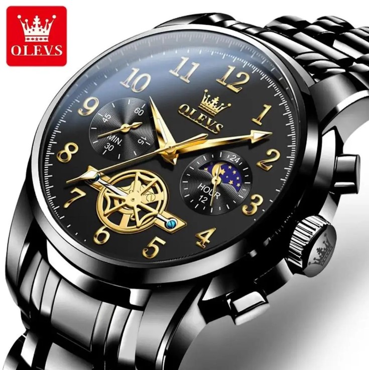 Picture of Olevs 2903S Black Stainless Steel Chronograph Wrist Watch For Men - Black