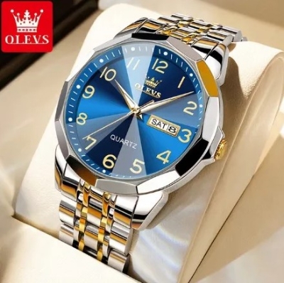 Picture of Olevs 9970G Silver & Golden Stainless Steel Analog Wrist Watch For Men - RoyalBlue Silver & Golden