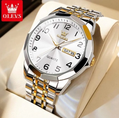 Picture of Olevs 9970G Silver & Golden Stainless Steel Analog Wrist Watch For Men - White Silver & Golden