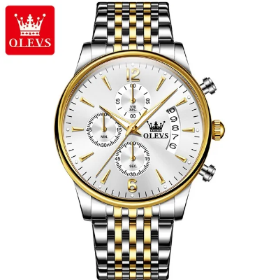 Picture of Olevs 2867S Silver & Golden Stainless Steel Chronograph Wrist Watch For Men - White Silver & Golden