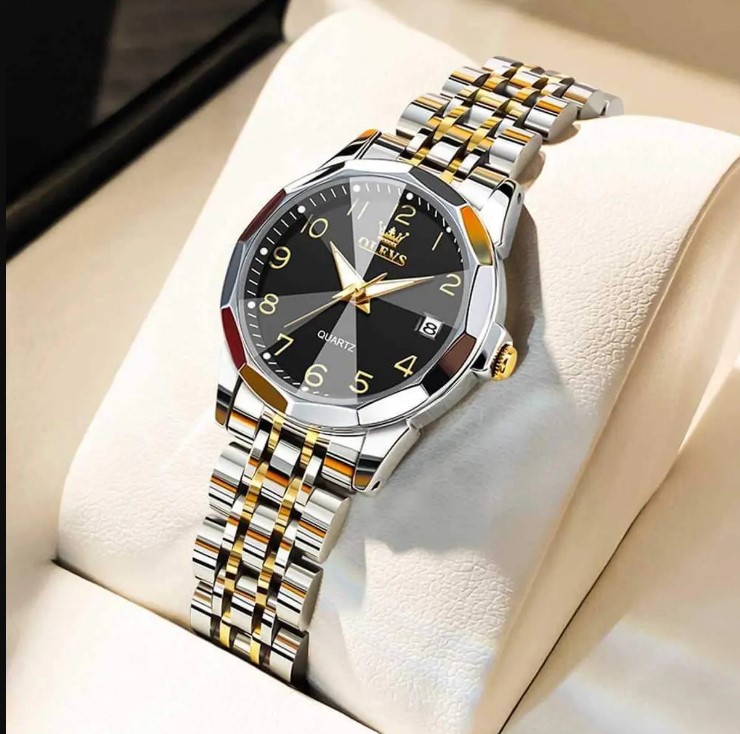 Picture of Olevs 9970L Silver & Golden Stainless Steel Analog Wrist Watch For Women - Black Silver & Golden