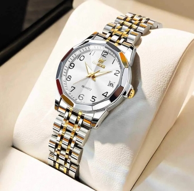 Picture of Olevs 9970L Silver & Golden Stainless Steel Analog Wrist Watch For Women - White Silver & Golden