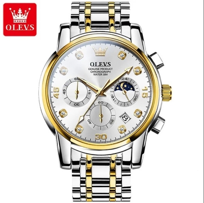 Picture of Olevs 2889S Silver & Golden Stainless Steel Chronograph Wrist Watch For Men - White Silver & Golden