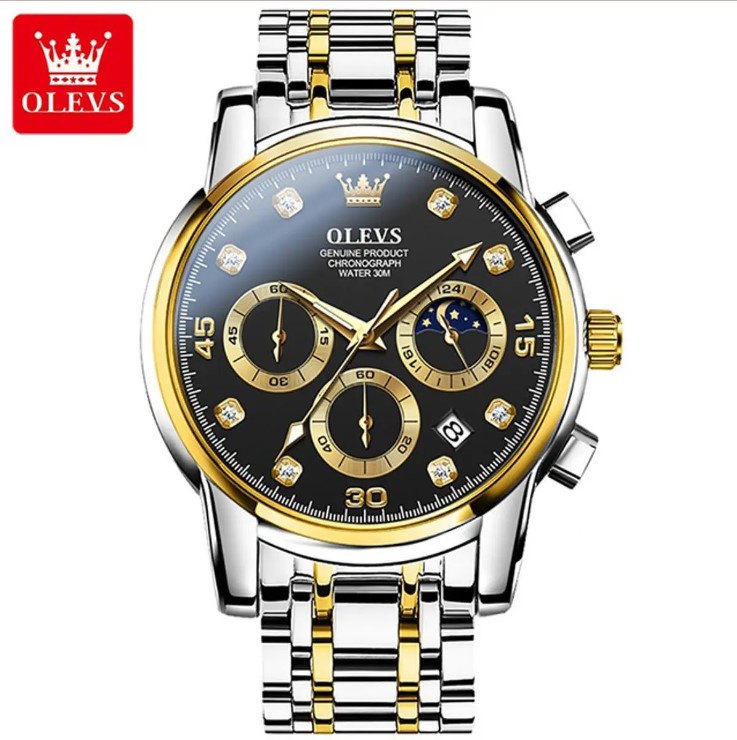 Picture of Olevs 2889S Silver & Golden Stainless Steel Chronograph Wrist Watch For Men - Black Silver & Golden