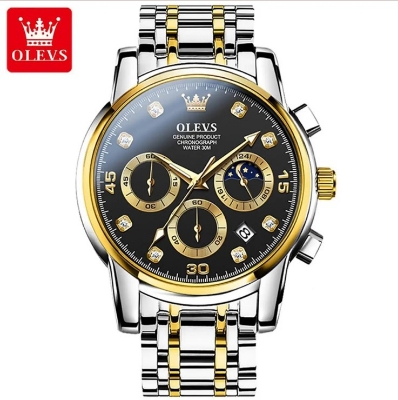 Picture of Olevs 2889S Silver & Golden Stainless Steel Chronograph Wrist Watch For Men - Black Silver & Golden