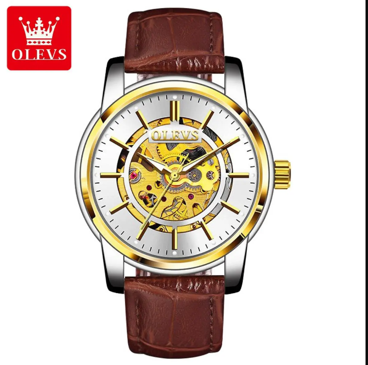 Picture of Olevs 9902L Brown PU Leather Automatic Mechanical Wrist Watch For Men - White & Brown