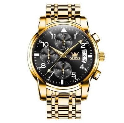 Picture of Olevs 2878S Golden Stainless Steel Chronograph Wrist Watch For Men - Black & Golden