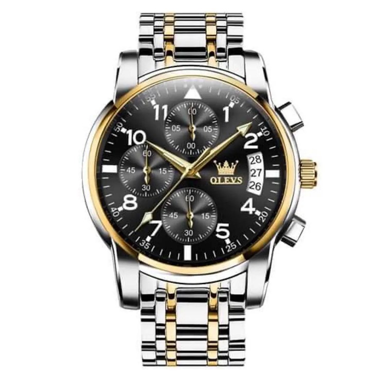 Picture of Olevs 2878S Silver & Golden Stainless Steel Chronograph Wrist Watch For Men - Black Silver & Golden