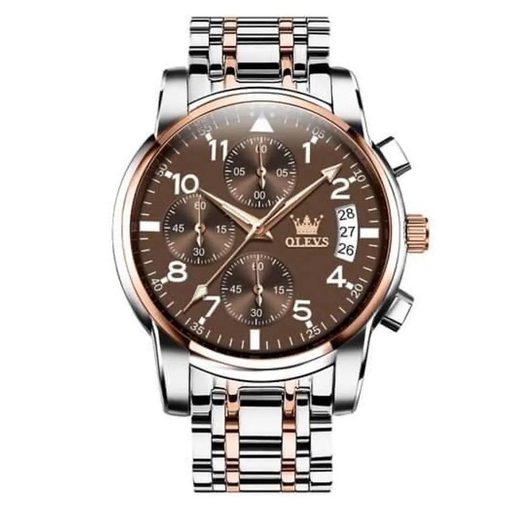 Picture of Olevs 2878G Silver & RoseGold Stainless Steel Chronograph Wrist Watch For Men - Bronze Silver & RoseGold