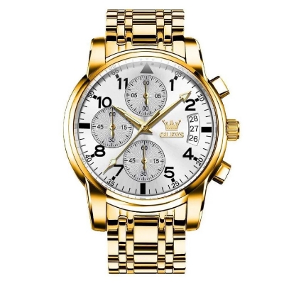 Picture of Olevs 2878S Golden Stainless Steel Chronograph Wrist Watch For Men - White & Golden