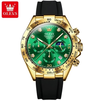 Picture of Olevs 2875 Black TPU Rubber Chronograph Wrist Watch For Men - Green & Black