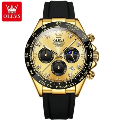 Picture of Olevs 2875 Black TPU Rubber Chronograph Wrist Watch For Men - Golden & Black