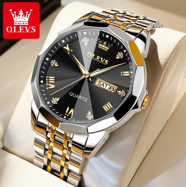Picture of Olevs 9941G Silver & Golden Stainless Steel Analog Wrist Watch For Men - Black Silver & Golden