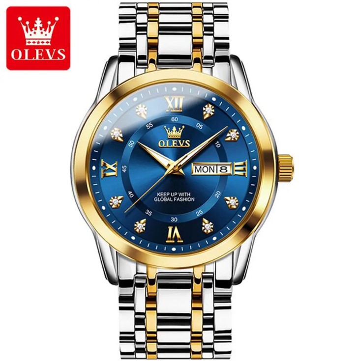 Picture of Olevs 5513G Silver & Golden Stainless Steel Analog Wrist Watch For Men - RoyalBlue Silver & Golden