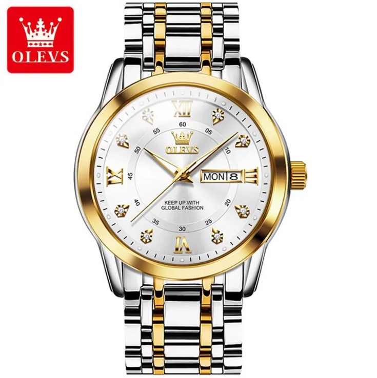 Picture of Olevs 5513G Silver & Golden Stainless Steel Analog Wrist Watch For Men - White Silver & Golden