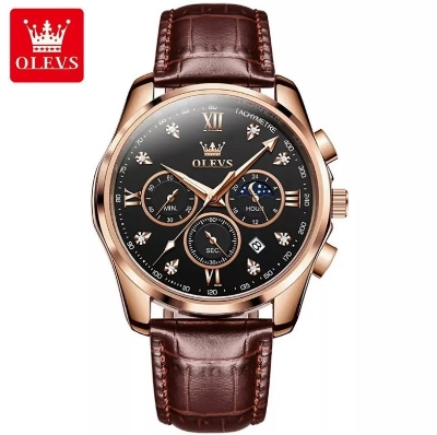 Picture of Olevs 2888L Brown PU Leather Chronograph Wrist Watch For Men - Black & Brown