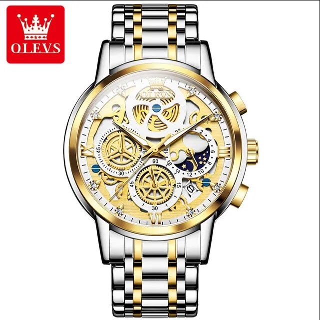 Picture of Olevs 9947S Silver & Golden Stainless Steel Chronograph Wrist Watch For Men - White Silver & Golden