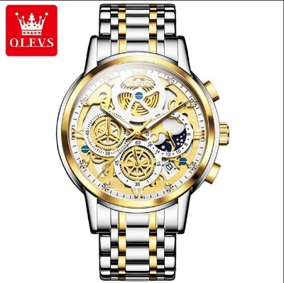 Picture of Olevs 9947S Silver & Golden Stainless Steel Chronograph Wrist Watch For Men - White Silver & Golden