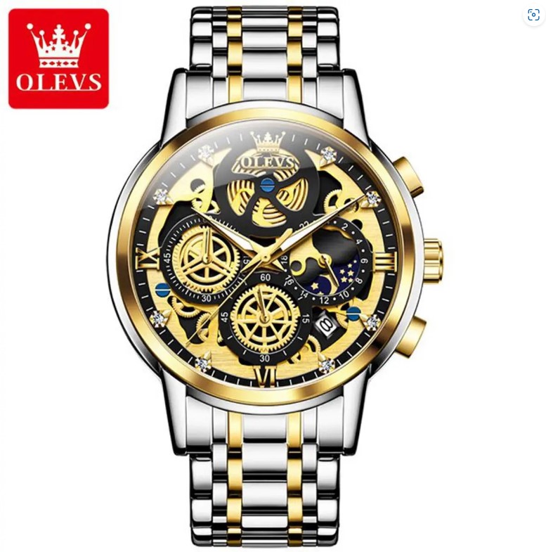 Picture of Olevs 9947S Silver & Golden Stainless Steel Chronograph Wrist Watch For Men - Black Silver & Golden