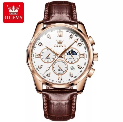 Picture of Olevs 2888L Brown PU Leather Chronograph Wrist Watch For Men - White & Brown
