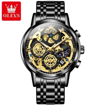 Picture of Olevs 9947S Black Stainless Steel Chronograph Wrist Watch For Men - Black