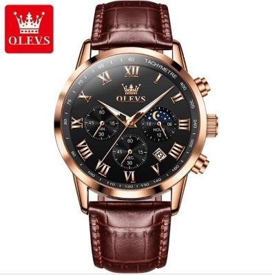 Picture of Olevs 5529L Brown PU Leather Chronograph Wrist Watch For Men - Black RoseGold & Brown