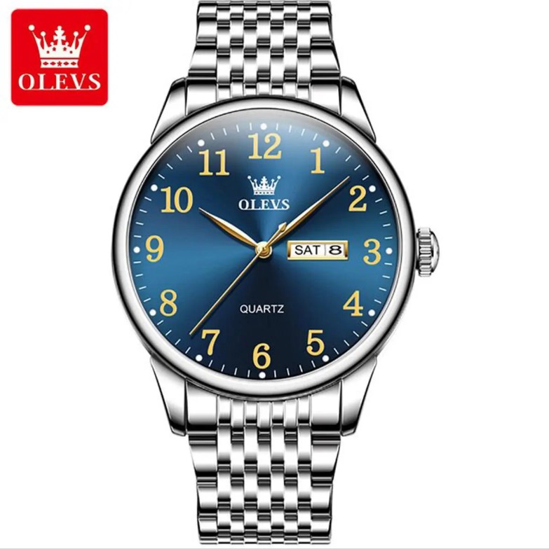 Picture of Olevs 5535S Silver Stainless Steel Analog Wrist Watch For Men - RoyalBlue & Silver