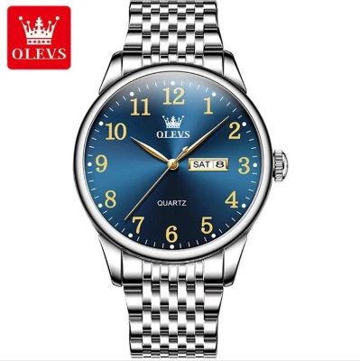 Picture of Olevs 5535S Silver Stainless Steel Analog Wrist Watch For Men - RoyalBlue & Silver