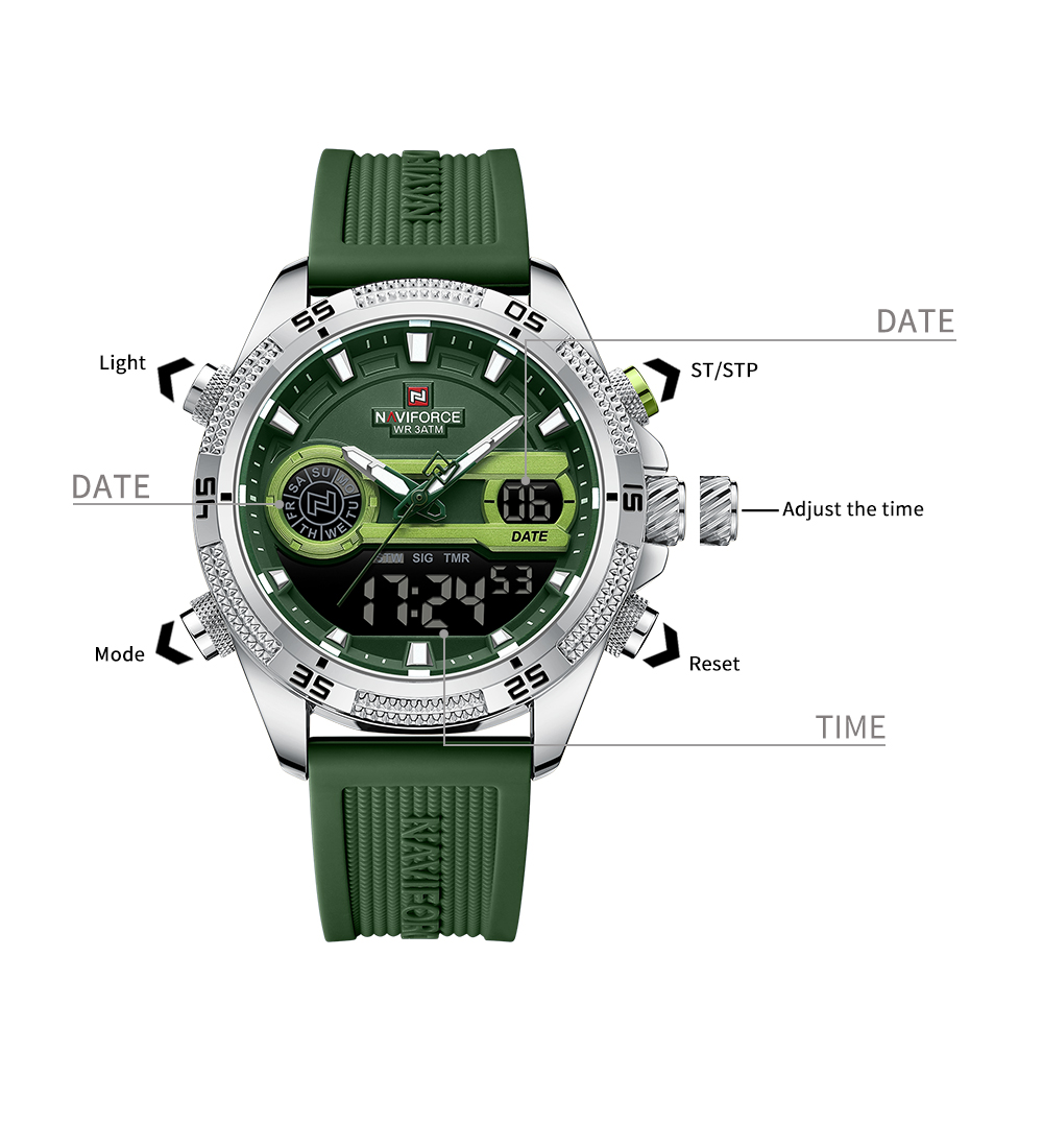 Picture of NAVIFORCE NF9223 Military Style Men’s Outdoor Sports Multifunctional Watch Dual Display Quartz Movement Silicone Strap Luminous Waterproof