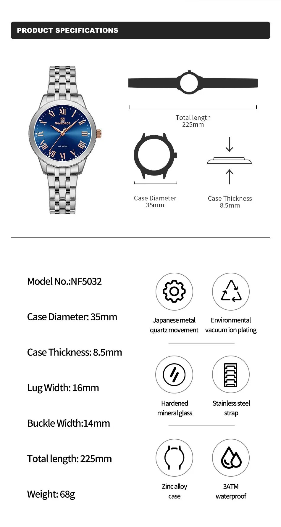 Picture of NAVIFORCE NF5032 Watches For Ladies Casual Wild Stainless Steel Band Women Bracelet 30M Water Resistant Sports Female Wrist Watch
