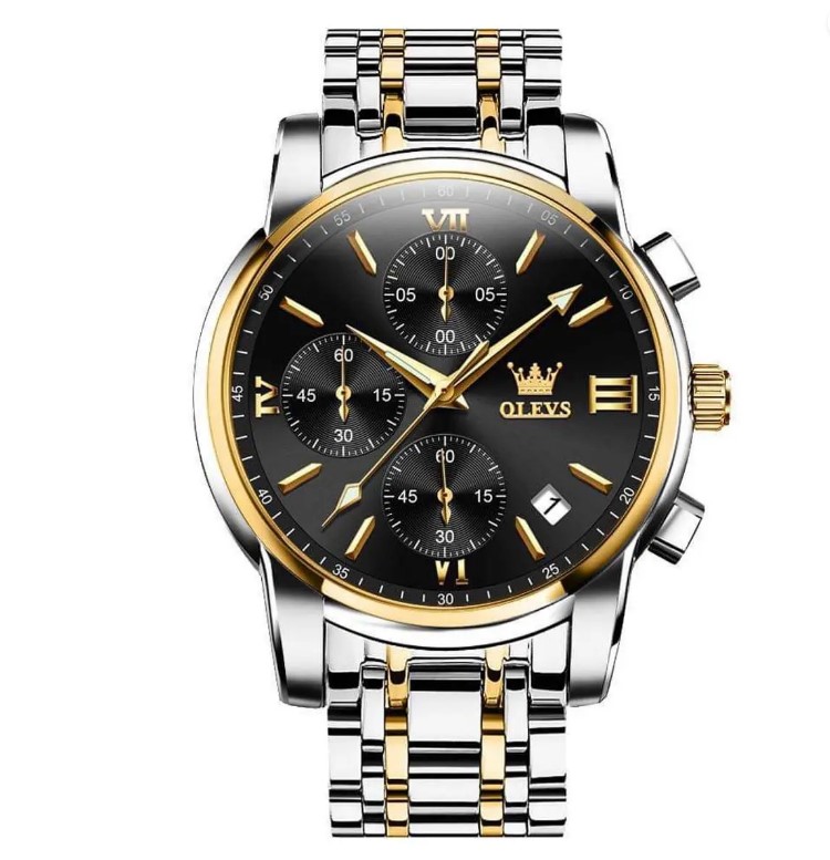 Picture of Olevs 2872G Silver & Golden Stainless Steel Chronograph Wrist Watch For Men - Black Silver & Golden