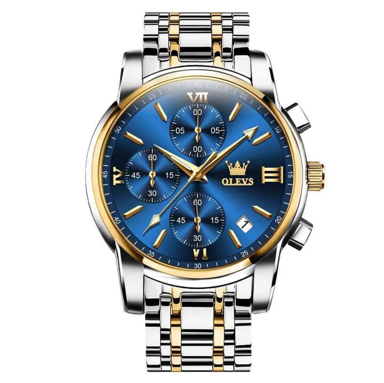 Picture of Olevs 2872G Silver & Golden Stainless Steel Chronograph Wrist Watch For Men - RoyalBlue Silver & Golden