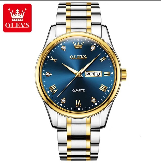 Picture of Olevs 5563G Silver & Golden Stainless Steel Analog Wrist Watch For Men - RoyalBlue Silver & Golden