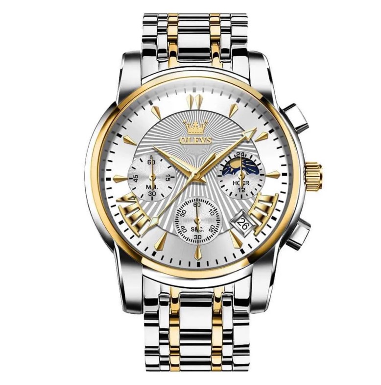 Picture of Olevs 2876G Silver & Golden Stainless Steel Chronograph Wrist Watch For Men - White Silver & Golden