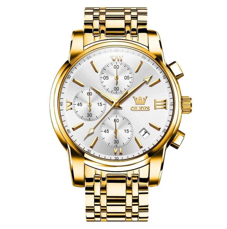 Picture of Olevs 2872G Golden Stainless Steel Chronograph Wrist Watch For Men - White & Golden