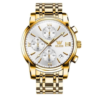 Picture of Olevs 2872G Golden Stainless Steel Chronograph Wrist Watch For Men - White & Golden