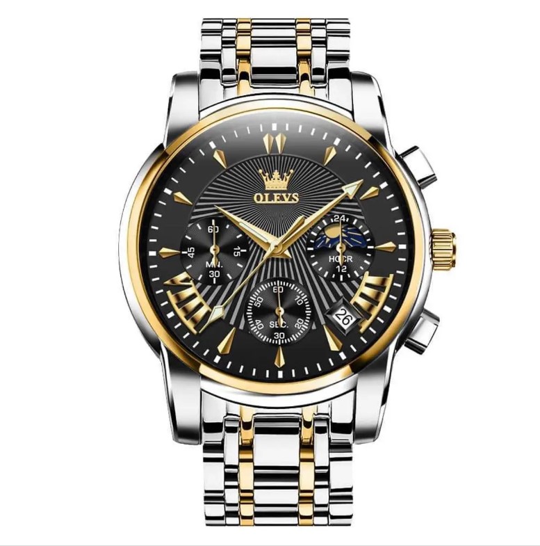Picture of Olevs 2876G Silver & Golden Stainless Steel Chronograph Wrist Watch For Men - Black Silver & Golden