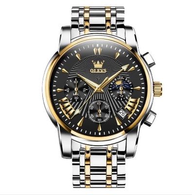 Picture of Olevs 2876G Silver & Golden Stainless Steel Chronograph Wrist Watch For Men - Black Silver & Golden