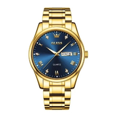 Picture of Olevs 5563G Golden Stainless Steel Analog Wrist Watch For Men - RoyalBlue & Golden