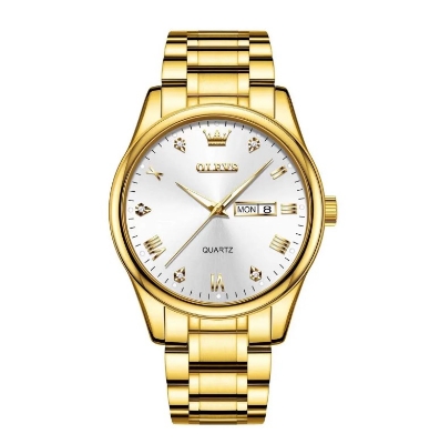 Picture of Olevs 5563G Golden Stainless Steel Analog Wrist Watch For Men - White & Golden