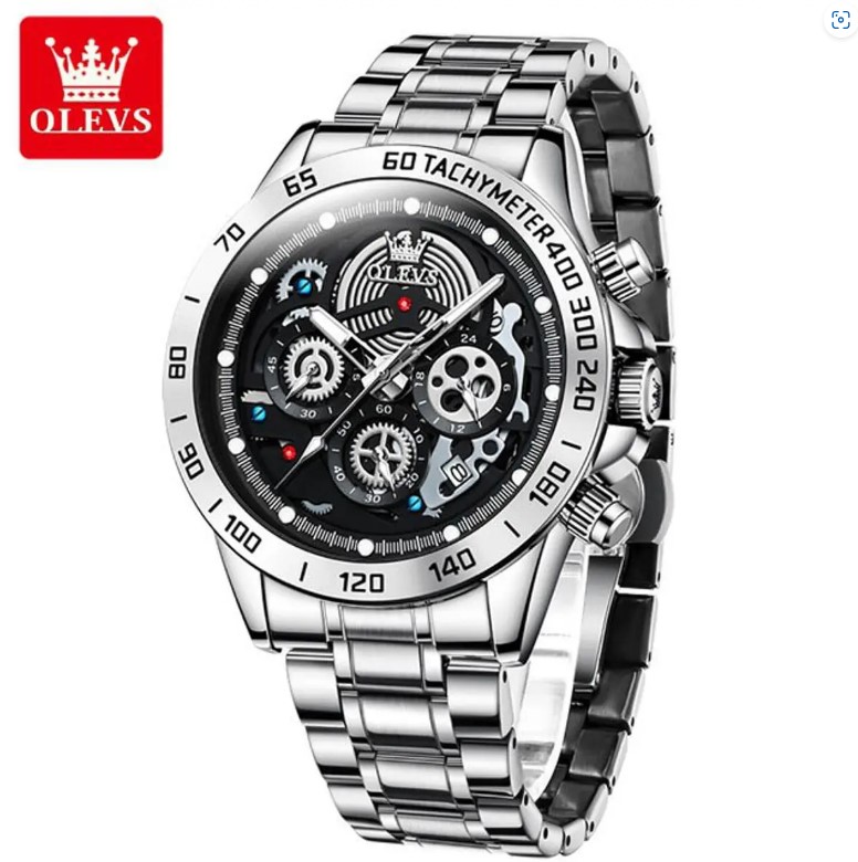 Picture of Olevs 9921S Silver Stainless Steel Chronograph Wrist Watch For Men - Black & Silver